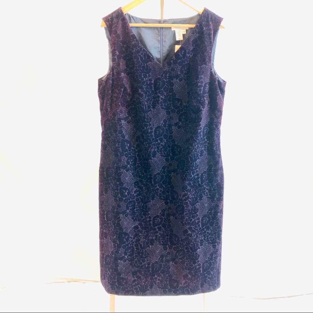NWT Coldwater Creek Dark Wine Velvet Flocked Dress Size 14 Made in USA V-Neck
